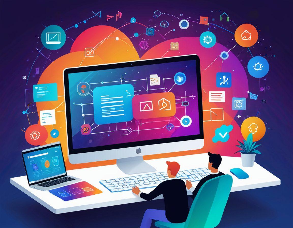 A dynamic and vibrant digital workspace with a sleek laptop displaying a modern website in the process of being redesigned. Surrounding the laptop, a variety of UX design tools, full-stack development diagrams, and coding symbols are scattered creatively. A diverse team of virtual avatars collaborating enthusiastically. Vector art. vibrant colors.