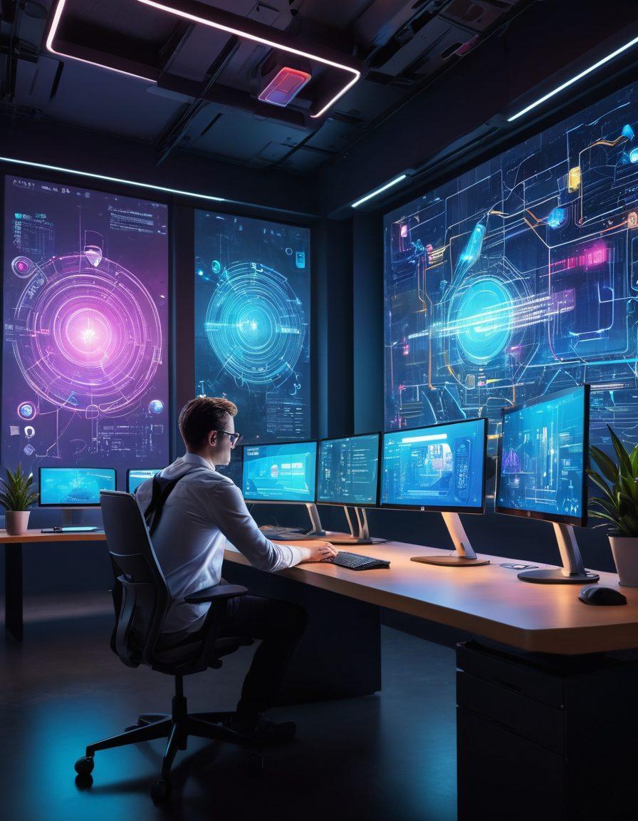 A vibrant, futuristic workspace blending effortlessly into both an urban and remote nature setting. A developer intensely focused on their ultra-modern computer, interspersed with interactive holograms displaying code and design elements. Background elements show phases of project development from brainstorming to deployment, emphasizing creativity and technical prowess. Colorful icons for various technologies orbit around, symbolizing synergy. Detailed and dynamic, capturing energy and innovation. super-realistic. vibrant colors.