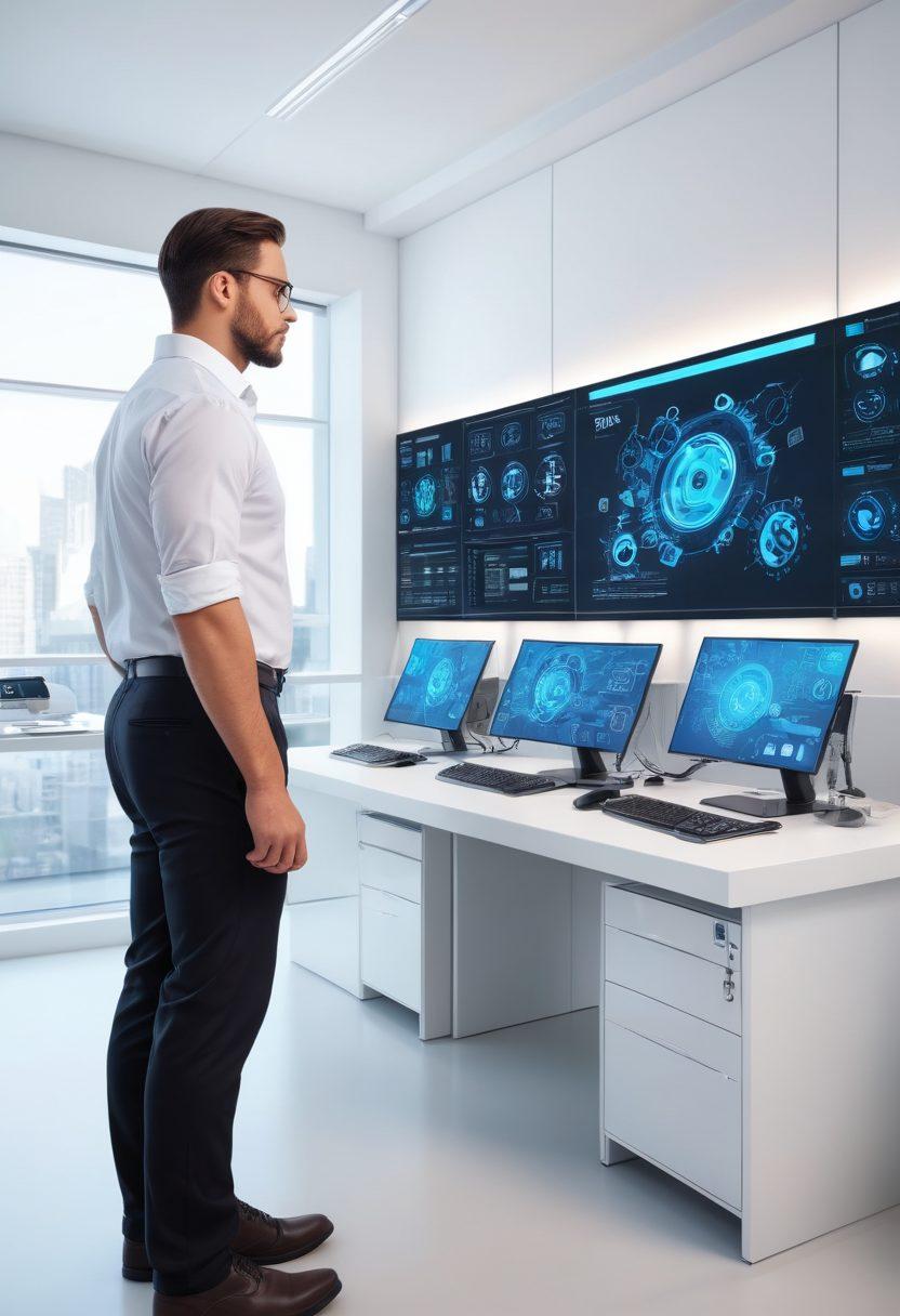 A friendly, professional technician in a sleek, modern office surrounded by holographic screens displaying website diagnostics and code. The screens show repair tools fixing issues in real-time, with icons of gears and wrenches. The setting should be clean and futuristic, highlighting efficiency and cutting-edge technology. Vector art. vibrant colors. white background.